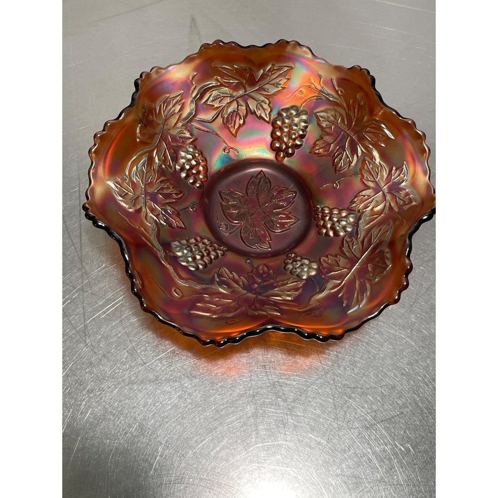 Fenton Marigold Carnival Glass Candy Dish Fruit Bowl Grapes Leaves Fluted Ruffle